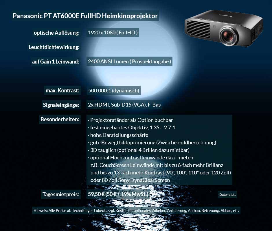 Mietangebot Panasonic PT AT6000E Heimkinoprojektor zum Tagesmietpreis von 70 Euro + Mehrwertsteuer